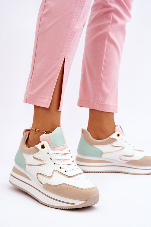 Modne Skórzane Buty Sportowe Biało-Beżowe Roen