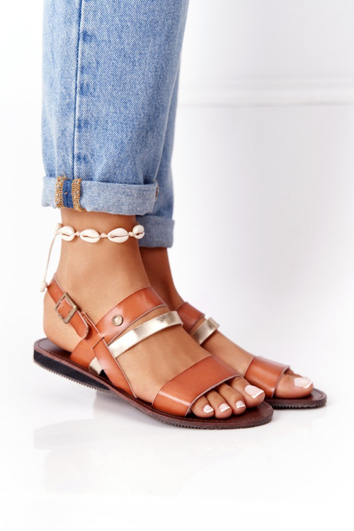 Płaskie Sandały Damskie Brązowo-Złote Doris