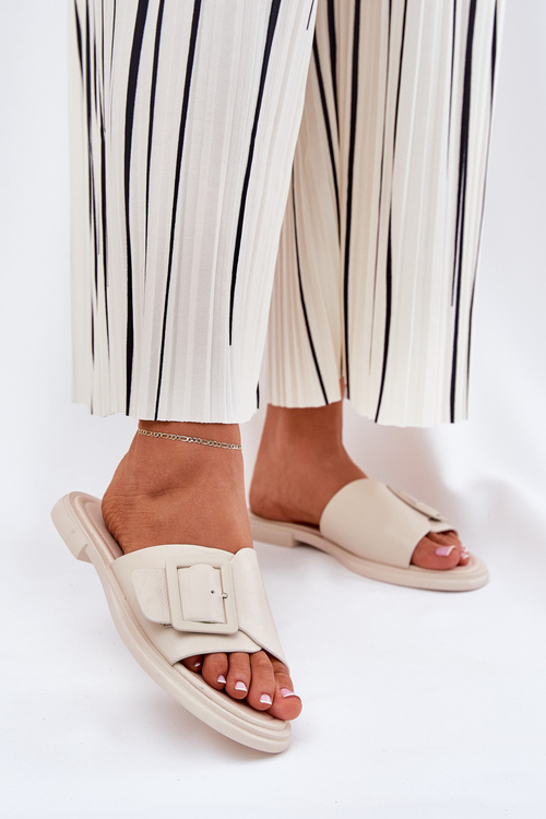 Skórzane Klapki Damskie Z Klamrą D&A SJ2302-01 Beżowe