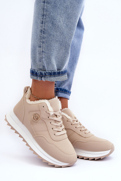 Ocieplane Skórzane Buty Sportowe Na Platformie Beżowe Adite