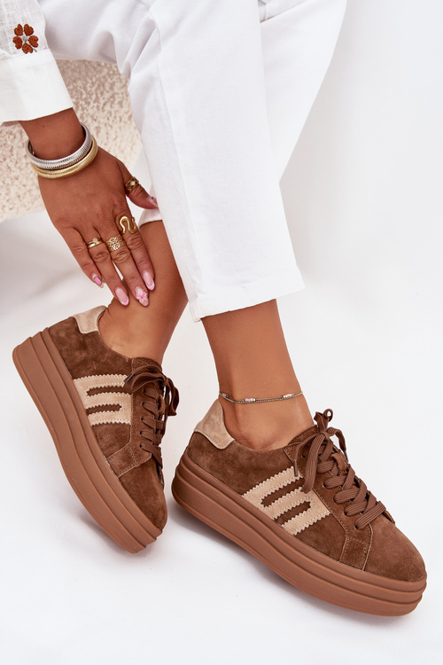 Sneakersy Damskie Na Platformie Z Naturalnego Zamszu Camel Eldira
