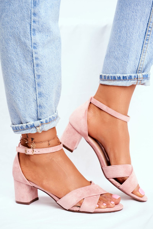 Zamszowe Sandałki na Słupku Różowe Nela