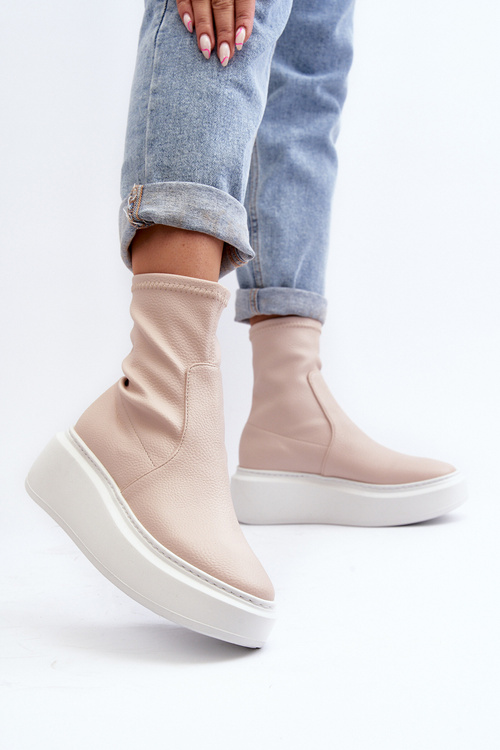 Zazoo 3395 Skórzane Botki Damskie Na Masywnej Platformie Beżowe