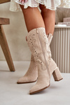 Ażurowe Botki Damskie Na Słupku Z Noskami W Szpic Eko Zamszowe Beżowe Nevithra