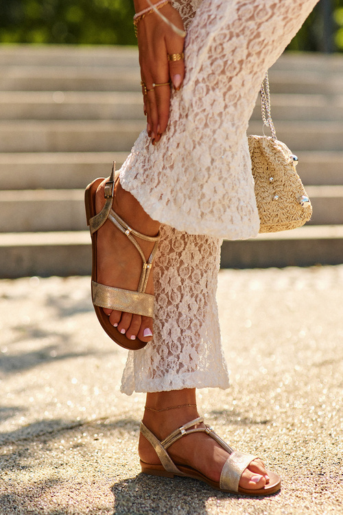 Damskie Płaskie Sandały Z Paskami S.Barski KV27-010 Złote