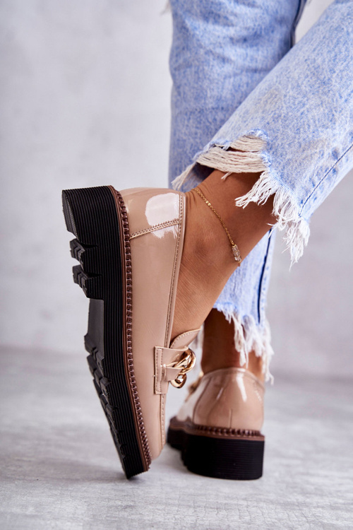 Lakierowane Półbuty Loafery Na Platformie Beżowe Reidun