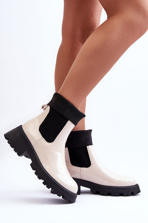 Botki Sztyblety Lakierowane Damskie Beżowe Pavo