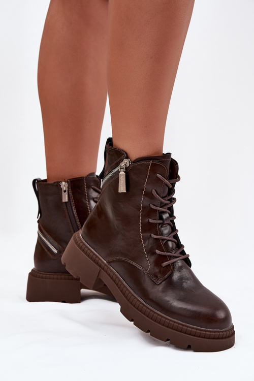 Skórzane Botki Workery Damskie Ocieplane Big Star SS274453 Brązowe