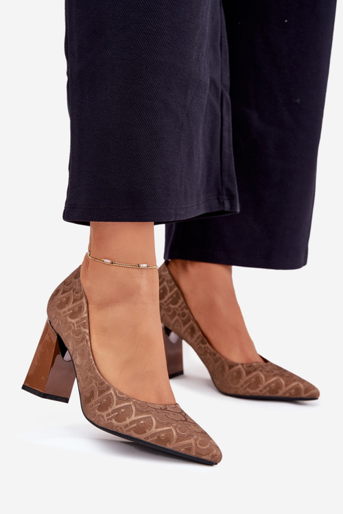 Czółenka Damskie Na Słupku Z Ozdobnym Tłoczeniem Vinceza 62254 Brązowe