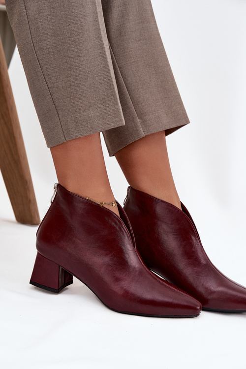 Eko Skórzane Botki Damskie Na Obcasie Bordowe Rylina