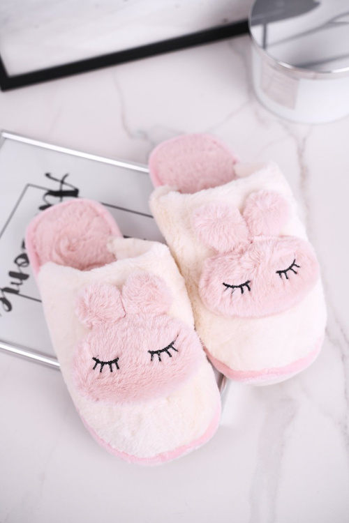 Papcie Damskie Futrzane Biało Różowe Rabbit