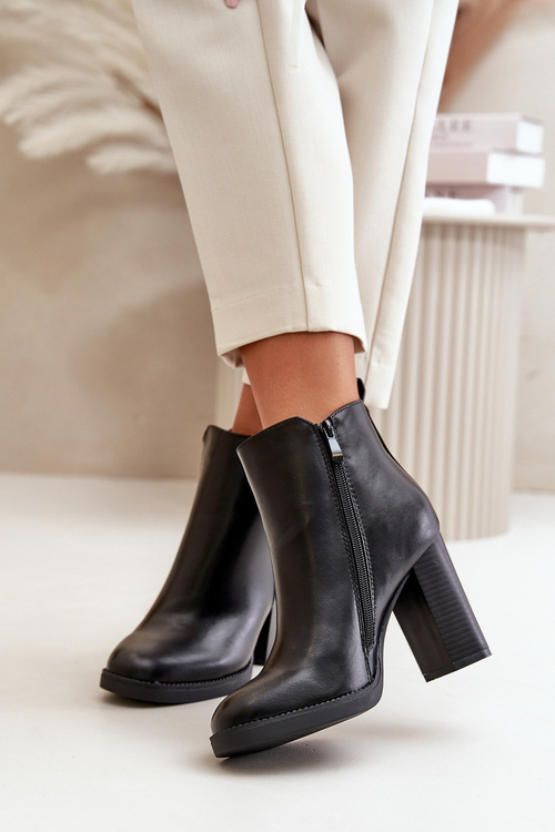 Ocieplane Botki Damskie Na Słupku Eko Skórzane Czarne Teresine