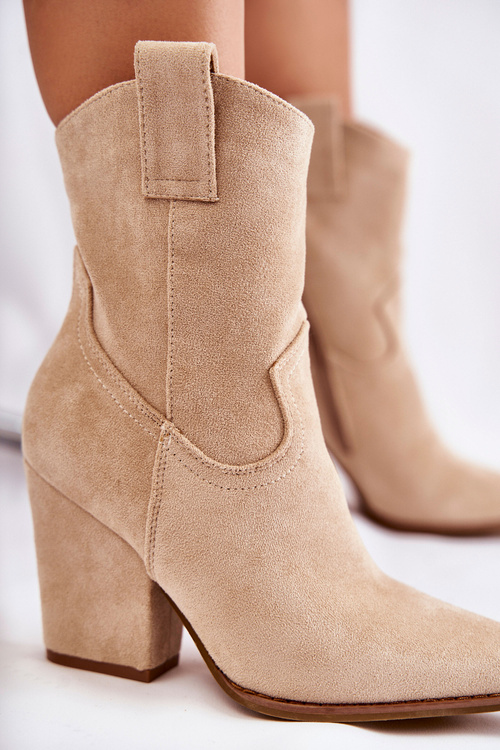 Damskie Zamszowe Botki Kowbojki Beżowe Mindy