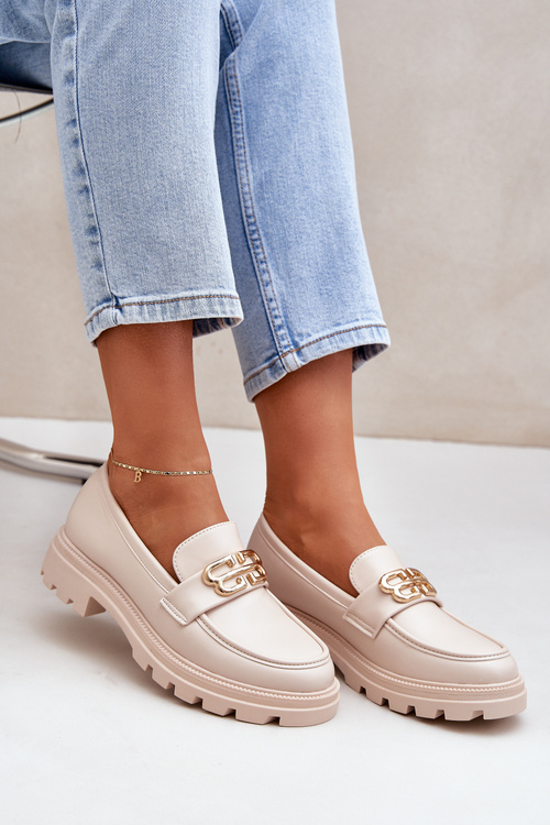 Mokasyny Damskie Ze Złotym Detalem Beżowe Trionna