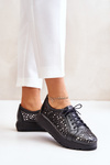 Zazoo 2973 Skórzane Półbuty Na Platformie Z Ażurowym Wzorem Czarne