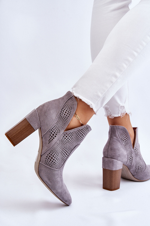 Ażurowe Zamszowe Botki Na Obcasie Szare Leanna