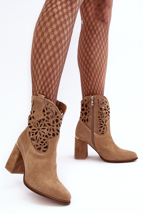 Zamszowe Ażurowe Botki Lewski Shoes 3264 Ciemnobeżowe