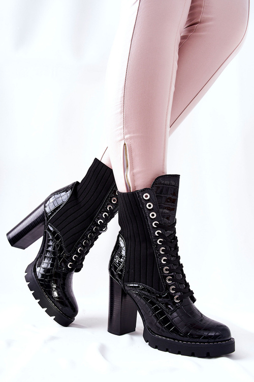 Damskie Botki Na Słupku Wysokie Wzór Krokodyla Czarne Erdogan