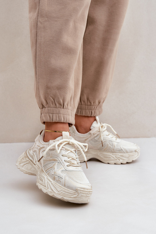 Sneakersy Damskie Z Przetarciami Na Platformie Beżowe Seladwen
