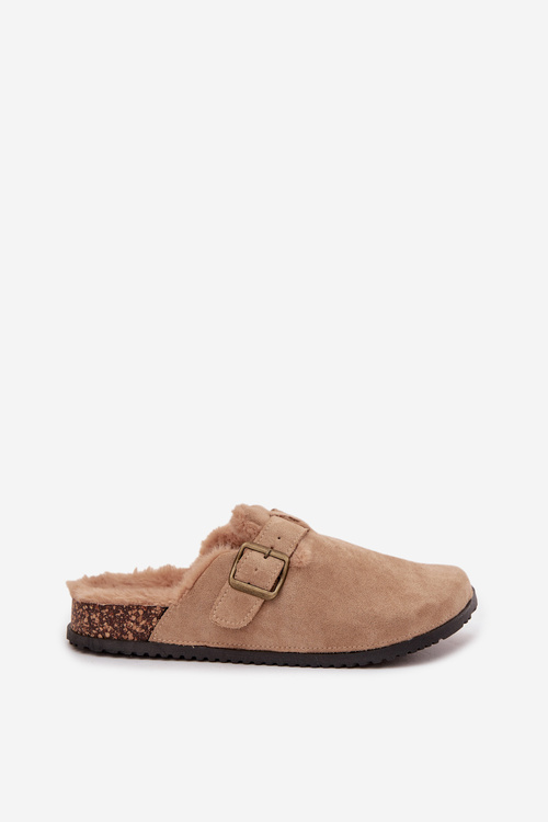 Klapki Chodaki Damskie Ocieplane Futerkiem Z Klamrą Beżowe Sylisse