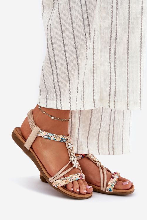 Sandały Damskie Z Przypinkami I Plecionymi Paskami Beżowe Nusoreth