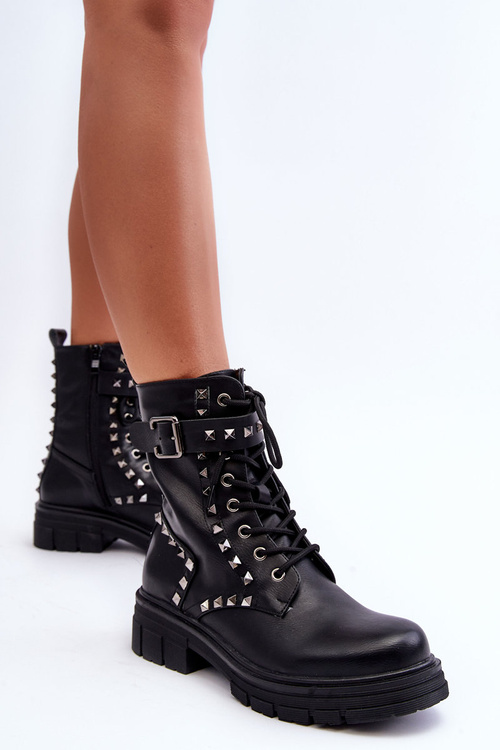 Damskie Masywne Botki Workery z Dżetami Czarne Tyralis