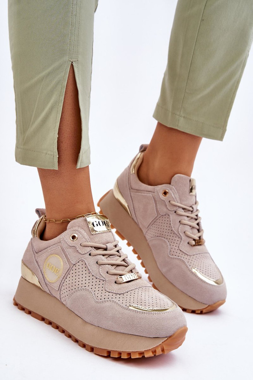 Damskie Zamszowe Buty Sportowe Na Platformie GOE LL2N4001 Beżowe