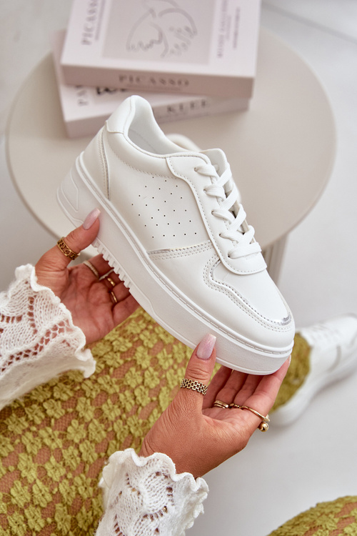 Sneakersy Damskie Na Platformie Z Ozdobnym Sznurowaniem Białe Mistra