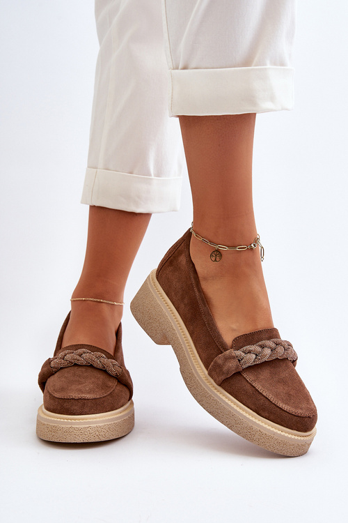 Zazoo 3429/W Damskie Zamszowe Mokasyny Z Ozdobą Brązowe