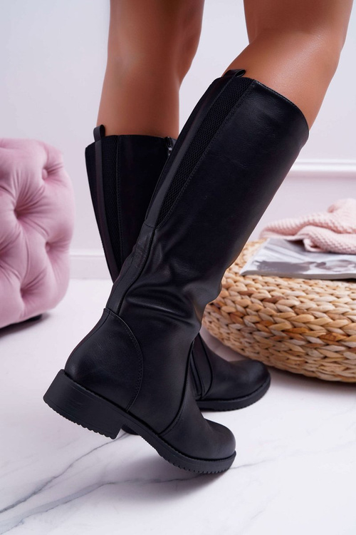 Kozaki Damskie Sergio Leone Z Gumką w Cholewce Ocieplane Czarne KZ528