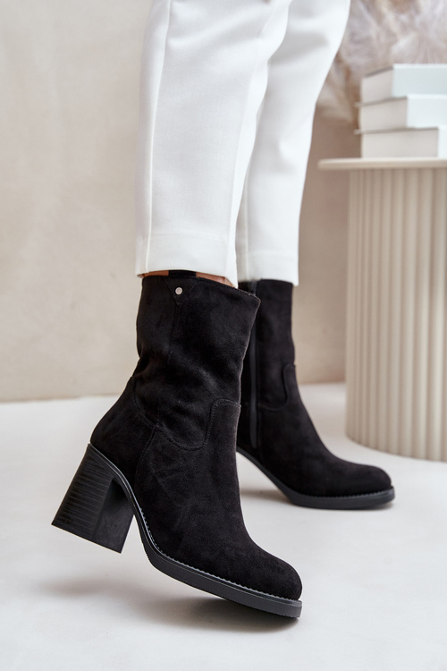 Botki Damskie Ocieplane Na Obcasie Słupku Eko Zamszowe Czarne Vellinga