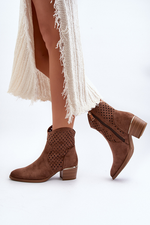 Ażurowe Botki Na Niskim Obcasie Brązowe Cilvana