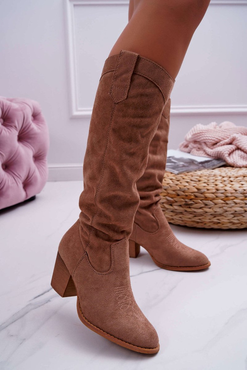 Kozaki Damskie Na Słupku Do Kolana Zamszowe Beżowe Lemane