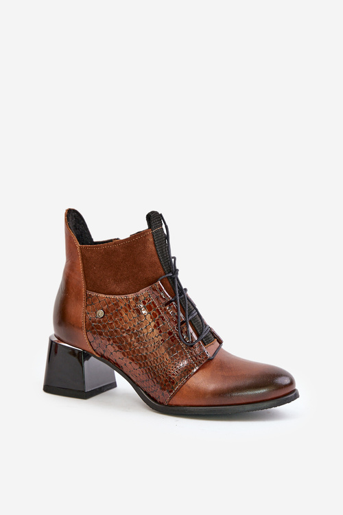 Zazoo 60503 Skórzane Botki Na Obcasie Ocieplane Brązowe