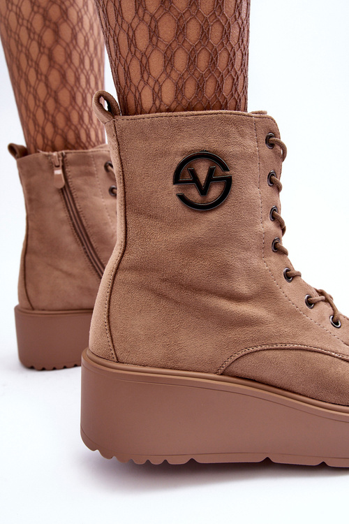 Zamszowe Botki Workery Na Masywnej Platformie Koturnie Beżowe Lavica