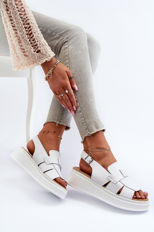 Skórzane Sandały Damskie Na Platformie I Koturnie Białe Vivitellia