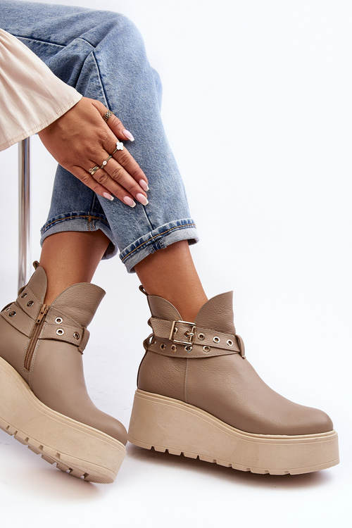 Skórzane Botki Damskie Na Koturnie Platformie Z Paskami Zazoo 1752 Beżowe
