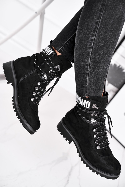 Botki Damskie Płaski Obcas Na Suwak Czarne Popsi