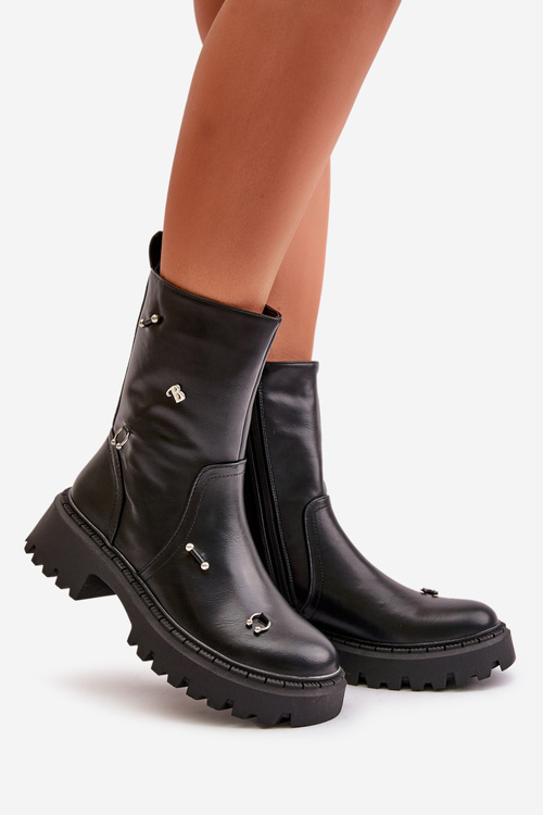 Botki Damskie Eko Skórzane Na Zamek Z Ozdobnymi Detalami Czarne Reritha
