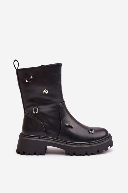 Botki Damskie Eko Skórzane Na Zamek Z Ozdobnymi Detalami Czarne Reritha