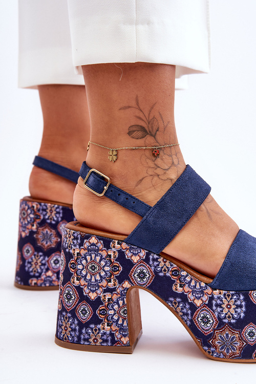 Skórzane Sandały Na Obcasie Maciejka 06089-17 Granatowe