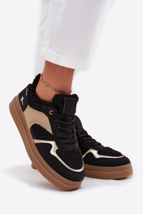Sneakersy Damskie Na Platformie Z Futerkiem Typu Baranek Czarne Frelina