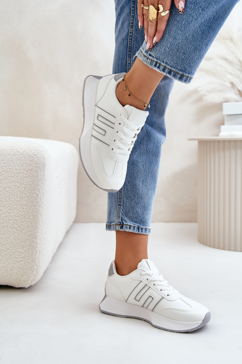 Sneakersy Buty Sportowe Na Platformie Damskie Biało-Szare Thari