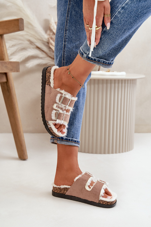 Damskie Kapcie Klapki Z Klamrami I Futerkiem Beżowe Ezilena