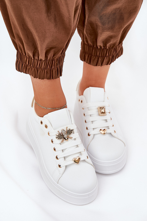 Sneakersy Damskie Na Platformie Z Przypinkami Białe Ilanina