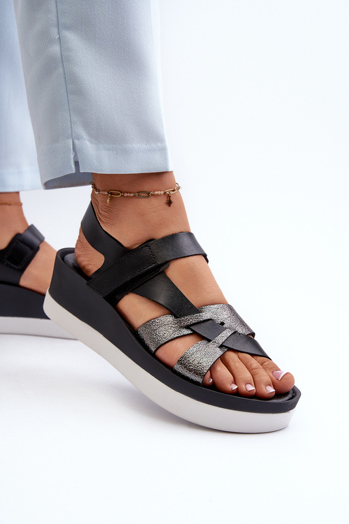 Zazoo 40397 Damskie Skórzane Sandały Na Platformie Czarne