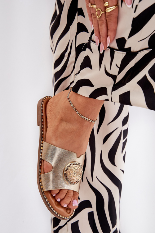 Płaskie Klapki Damskie Z Ozdobnym Detalem Złote Oferry