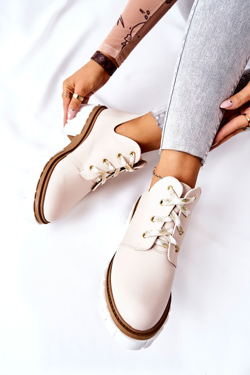 Skórzane Botki Z Wycięciem Wiązane Beżowe Kaxo