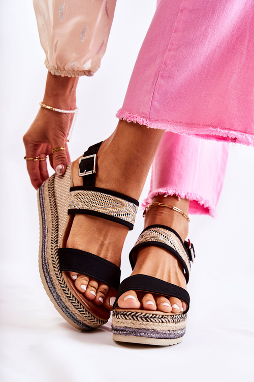 Zamszowe Sandały Na Koturnie Czarne Annabel