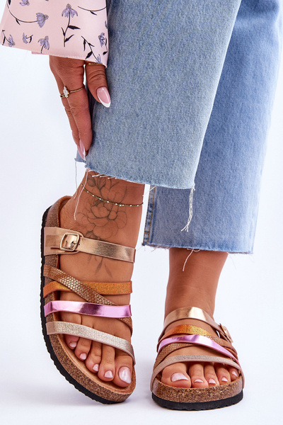 Damskie Klapki Na Platformie Z Paskami Złote Clover